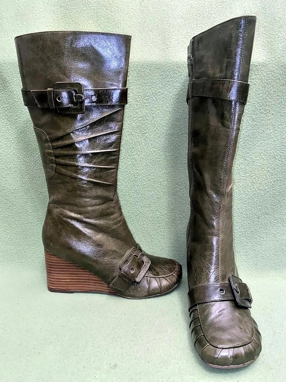 Miz Mooz Green Leather Knee High Wedge Boots